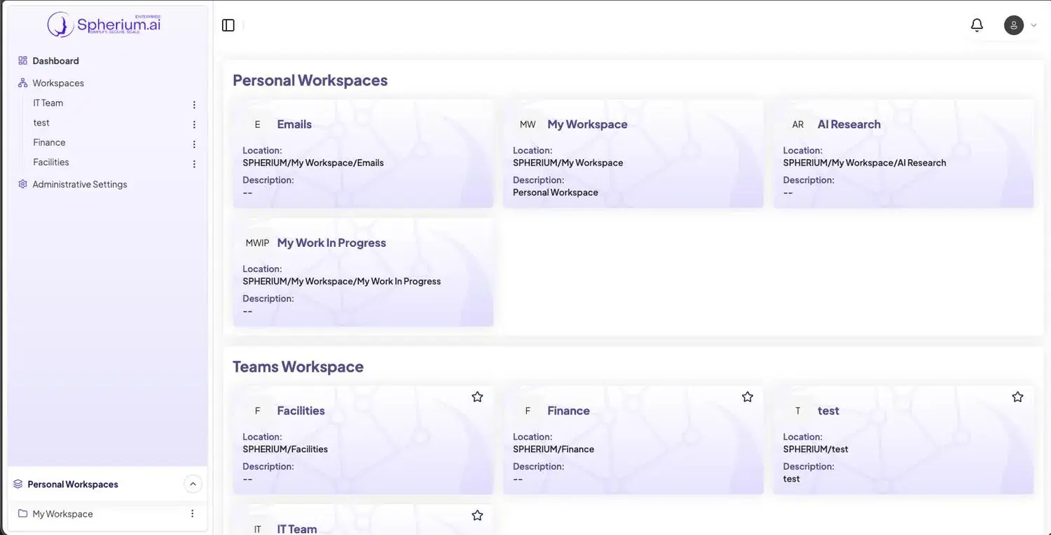 Spherium.ai workspace view showing personal and team workspaces organized in the platform.
